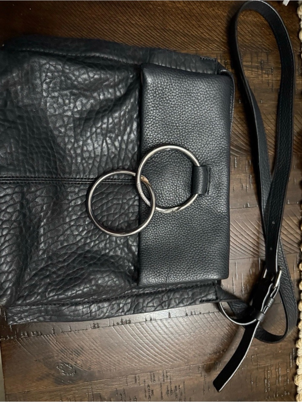 Vince Camuto Black Leather Crossbody with Double Ring Accent